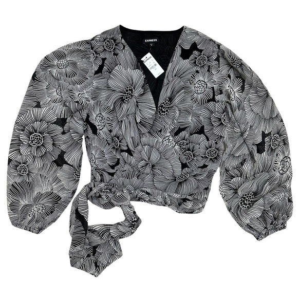 Express V-Neck Wrap Top Floral Black And White Long Sleeves SZ XS NEW WITH TAGS - Picture 3 of 9